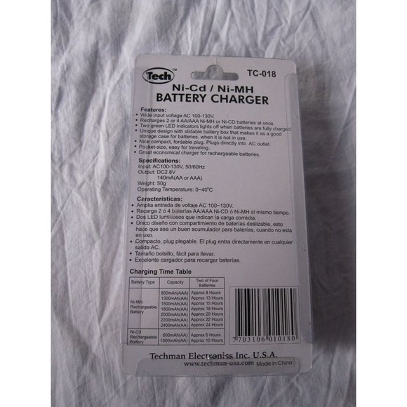 NEW Tech Ni-Cd/Ni-MH AA and AAA Wall Plug Battery Charger TC-018 Rechargeable - Picture 2 of 2